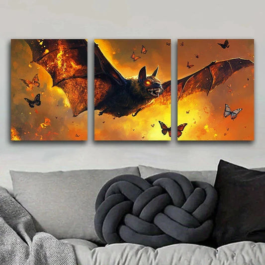 3pcs Large Bat with Spread Wings Firefly Accents Metal Print Ready to Hang Art