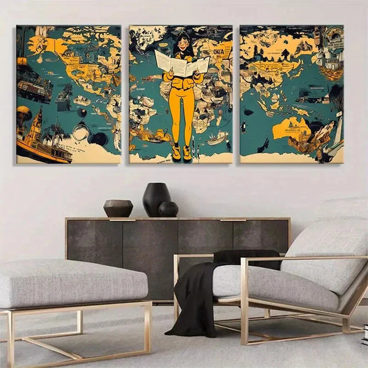 3pcs Vintage Travel Adventure Women Perfect Wall Art Set Canvas Framed 40x60cm - High Quality Print 100% Australian Made Wall Canvas Ready to Hang