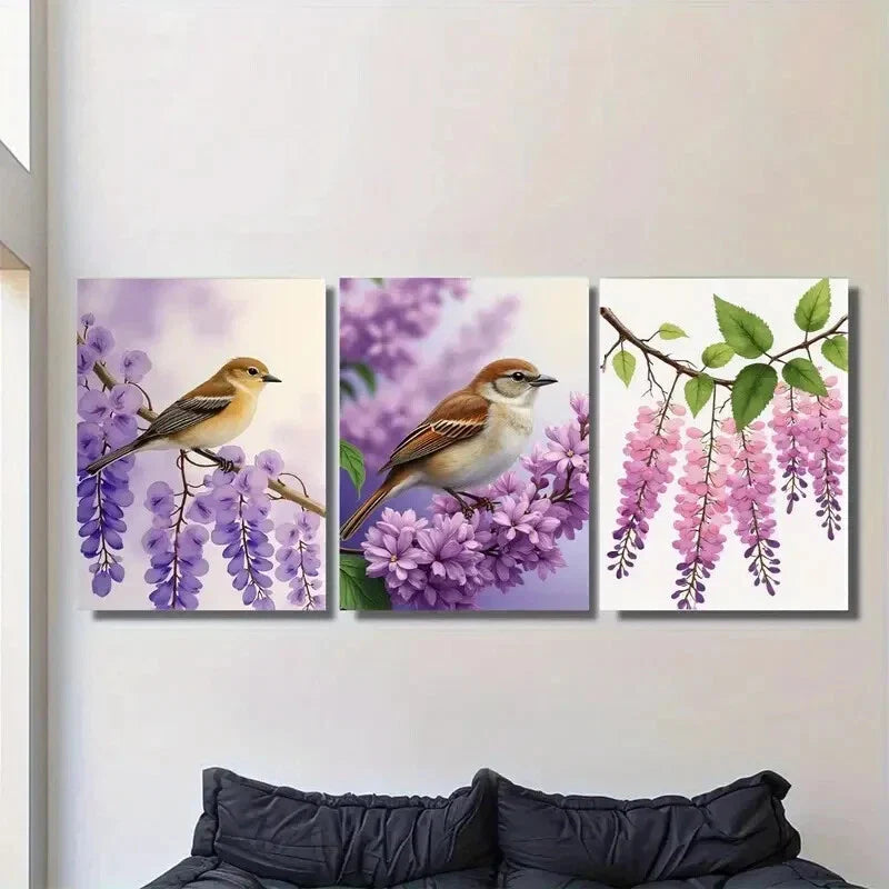 3pcs Beautiful Bird and Flower Purple Floral Metal Print Ready to Hang Art