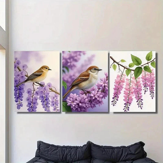3pcs Beautiful Bird and Flower Purple Floral Metal Print Ready to Hang Art