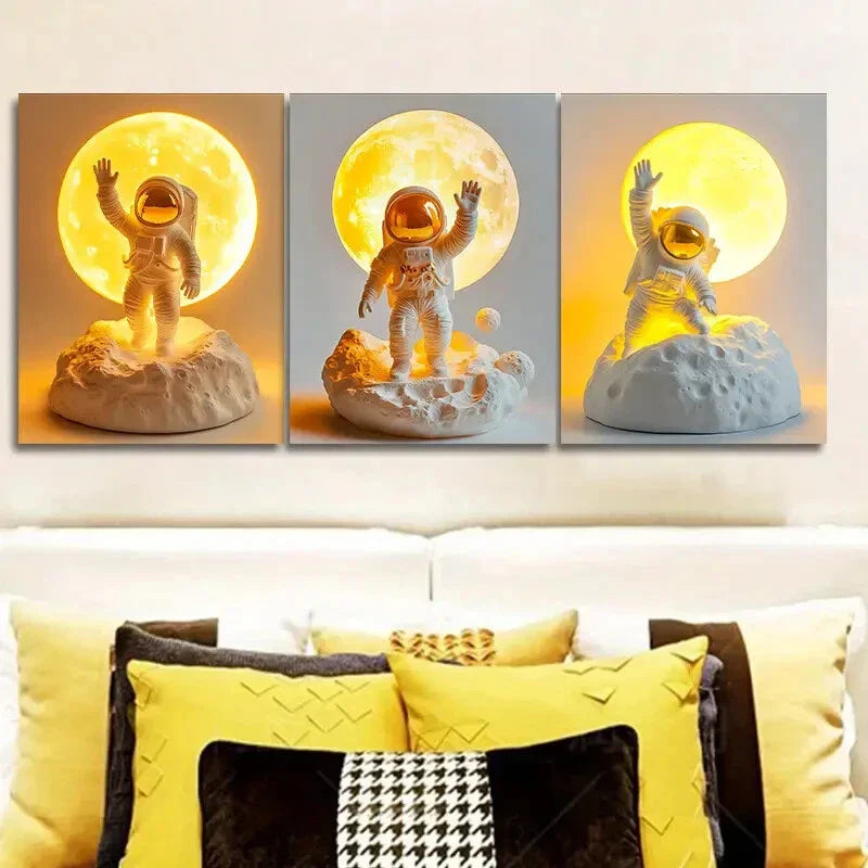 3pcs Astronauts on the Moon Metal Print Ready to Hang Art