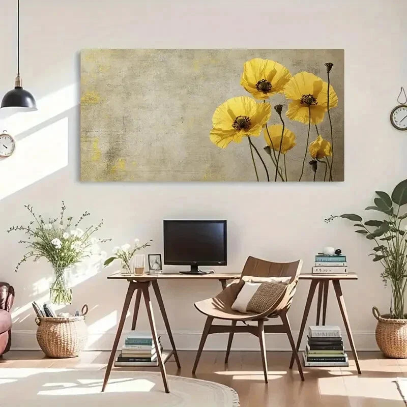 Delicate Yellow Flower Stems Wall Art Canvas Office Home Room Framed 120x60cm