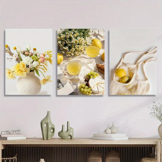 3pcs Lemon Grape Plants and Flowers Metal Print Ready to Hang Art