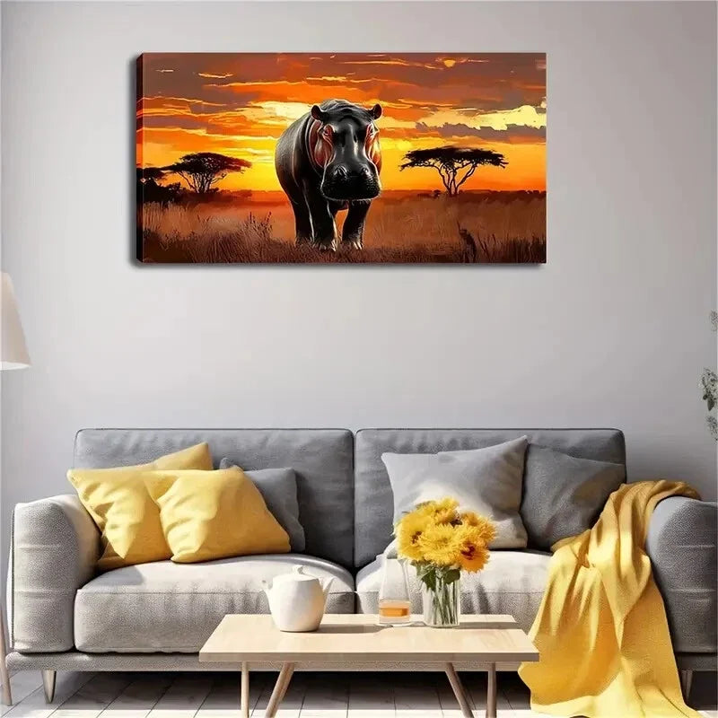 Hippo Walking On Grass Sunset Wall Art Canvas Office Home Room Framed 120x60cm