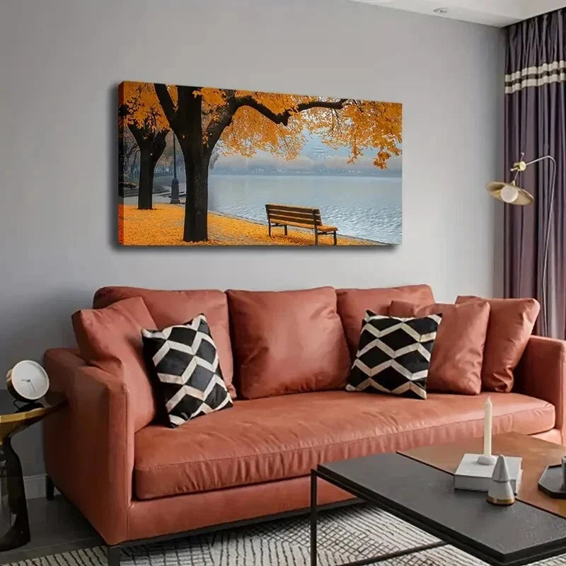 Falling Leaves Serene Lakeside Wall Art Canvas Office Home Room Framed 120x60cm