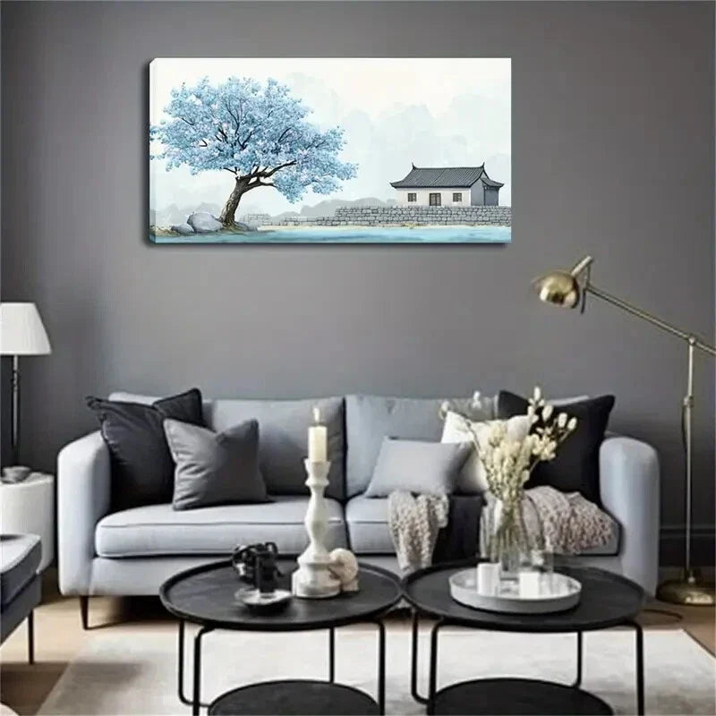 Traditional Chinese House Blue Wall Art Canvas Office Home Room Framed 120x60cm