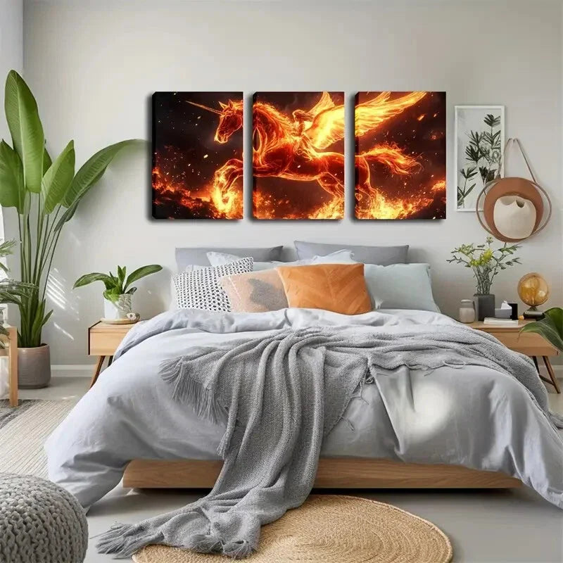 3pcs Flame Knight Unicorn Horse Modern Wall Art Set Canvas Framed 40x60cm - High Quality Print 100% Australian Made Wall Canvas Ready to Hang