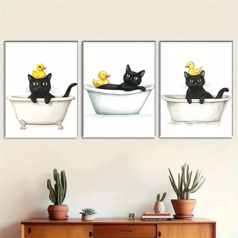 3pcs Whimsical Black Cat & Duckling in Bathtub Wall Art Set Canvas Framed 40x60cm - High Quality Print 100% Australian Made Wall Canvas Ready to Hang