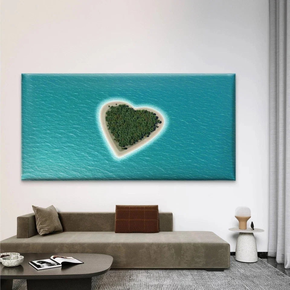 Paradise Island Form Heart Wall Art Canvas Office Home Room Framed 80x45cm