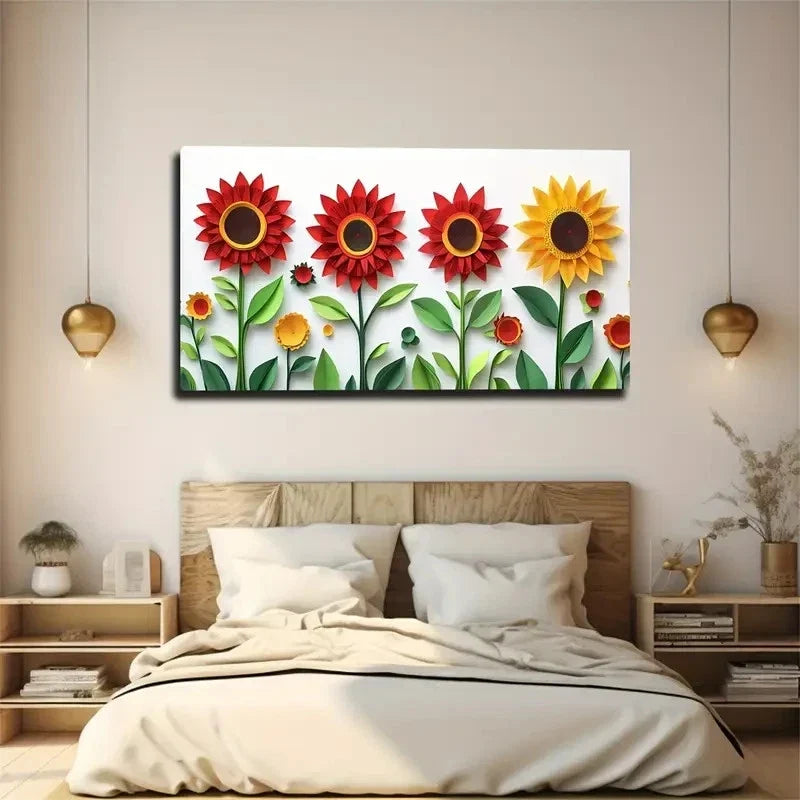 Cute Sunflowers & Green Leaves Wall Art Canvas Office Home Room Framed 120x60cm