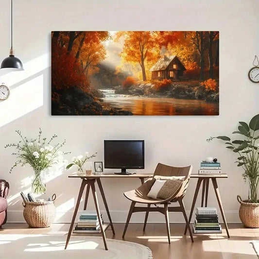 River Cabin Scene Autumn Forest Wall Art Canvas Office Home Room Framed 120x60cm