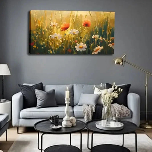 Rustic Meadow Scene Warm Wall Art Canvas Office Home Room Framed 120x60cm