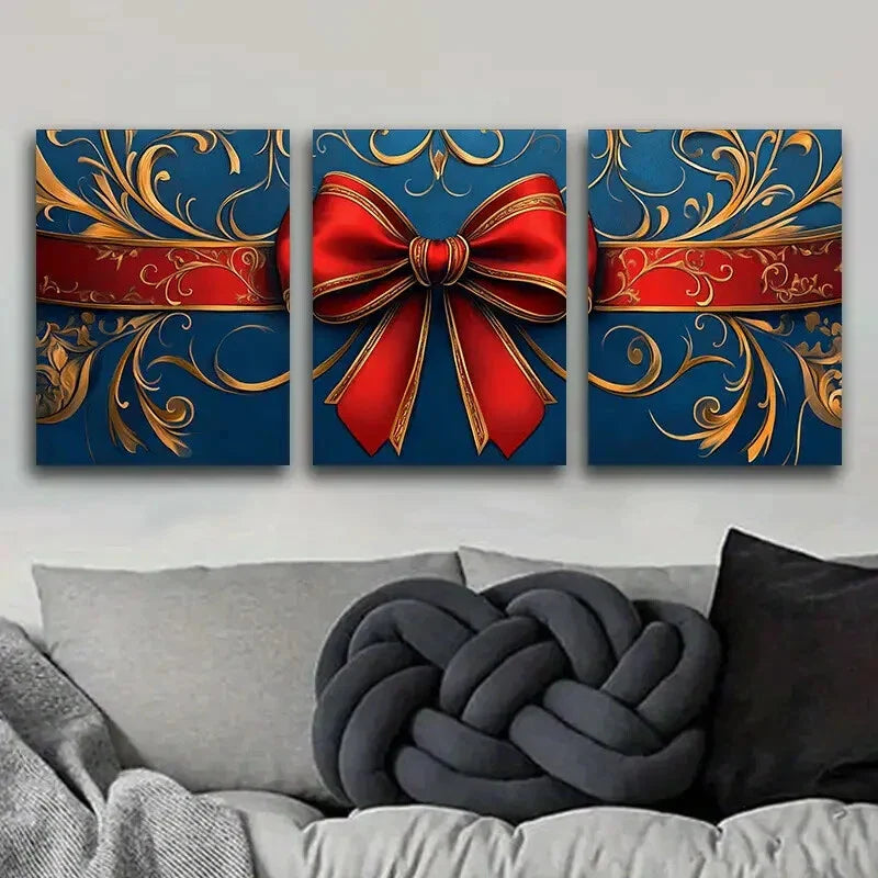 3pcs Modern Golden Red Bow Deco Classic Metal Print Ready to Hang Art