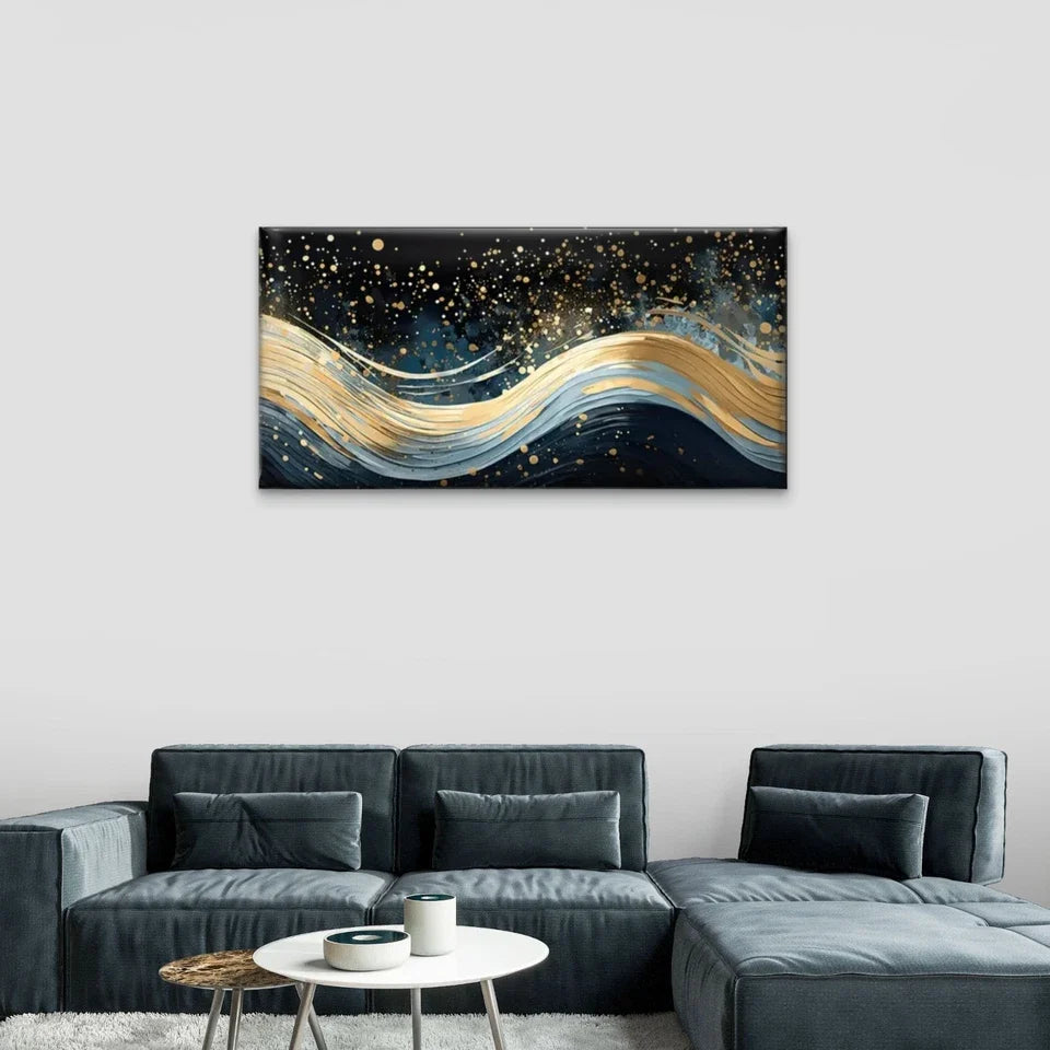 Waves Golden Abstract Wall Art Canvas Office Home Room Framed 120x60cm