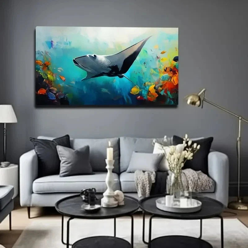 Vibrant Underwater Stingray Wall Art Canvas Office Home Room Framed 120x60cm