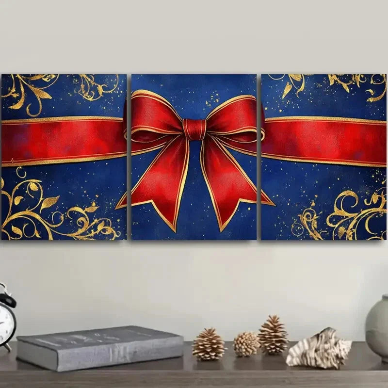 3pcs Art Painting, Golden Red Ribbon Metal Print Ready to Hang Art