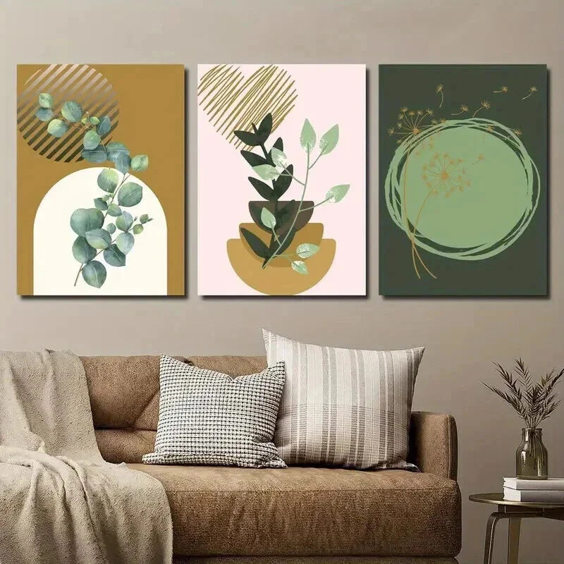 3pcs Green & Golden Eucalyptus Leave & Dandelion Wall Art Set Canvas Framed 40x60cm - High Quality Print 100% Australian Made Wall Canvas Ready to Hang