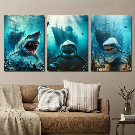 3pcs Underwater Pirate Ship & Predator Metal Print Ready to Hang Art