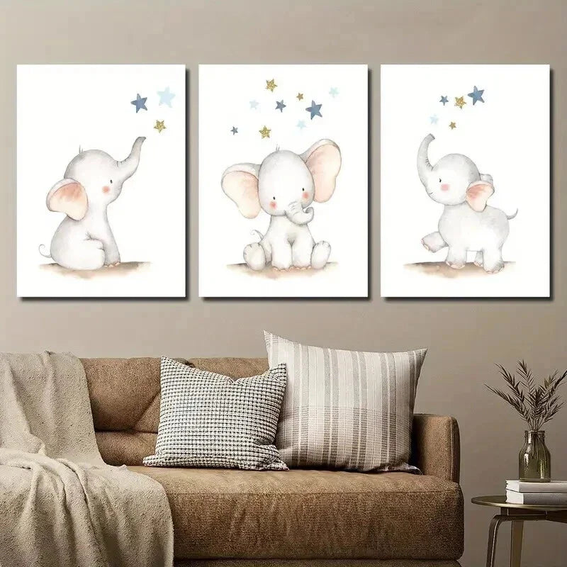 3pcs Elephant Star Art Cute Elephant Wall Art Set Canvas Framed 40x60cm - High Quality Print 100% Australian Made Wall Canvas Ready to Hang