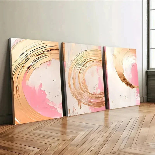 3pcs Trendy Abstract Art Pink Golden Rounds Wall Art Set Canvas Framed 40x60cm - High Quality Print 100% Australian Made Wall Canvas Ready to Hang