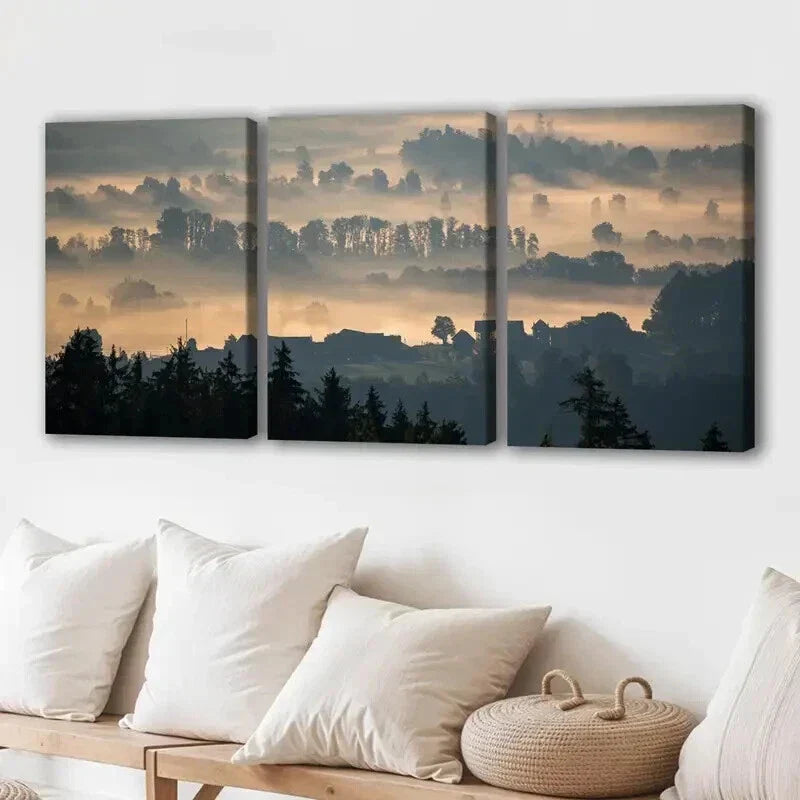 3pcs Misty Forest & Small Town Decoration Wall Art Set Canvas Framed 40x60cm - High Quality Print 100% Australian Made Wall Canvas Ready to Hang