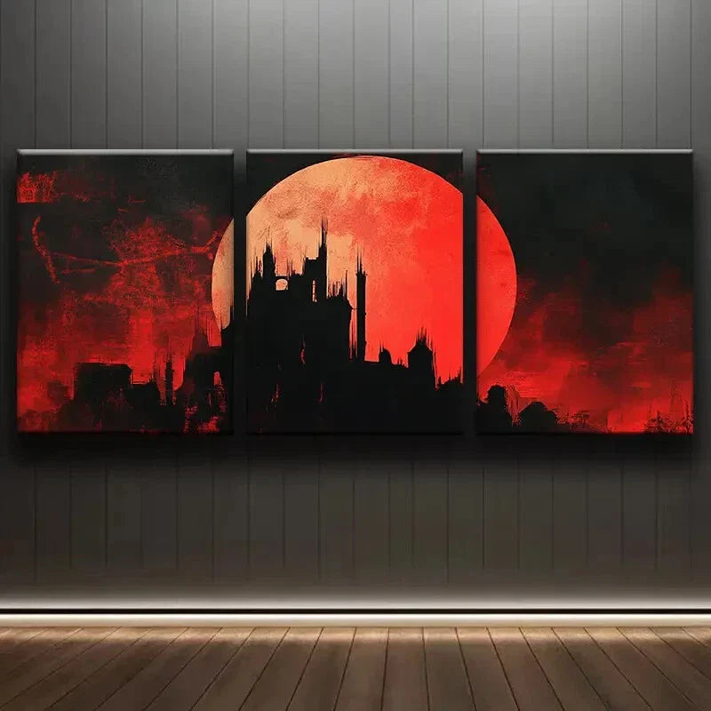 3pcs Medieval City Silhouette Artwork Darkness Wall Art Set Canvas Framed 40x60cm - High Quality Print 100% Australian Made Wall Canvas Ready to Hang