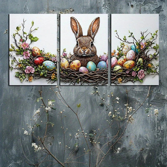 3pcs Cute Brown Bunny Green Leaves Colourful Metal Print Ready to Hang Art