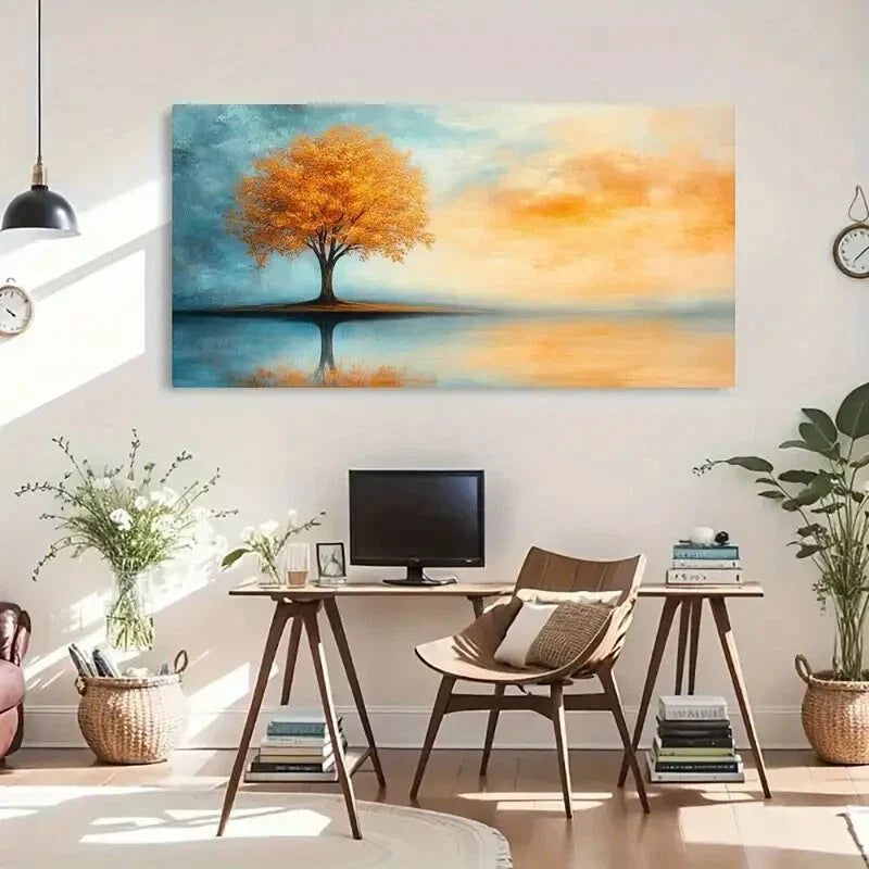 Golden Tree Calm Reflections Wall Art Canvas Office Home Room Framed 120x60cm