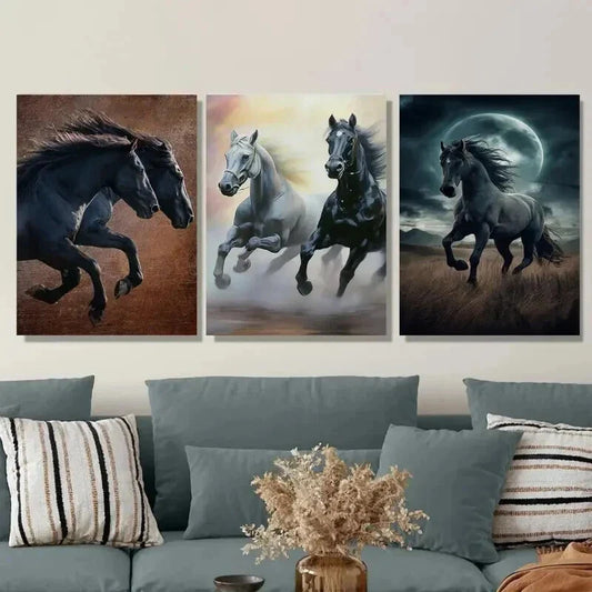 3pcs Galloping Horses Modern Black Wall Art Set Canvas Framed 40x60cm - High Quality Print 100% Australian Made Wall Canvas Ready to Hang