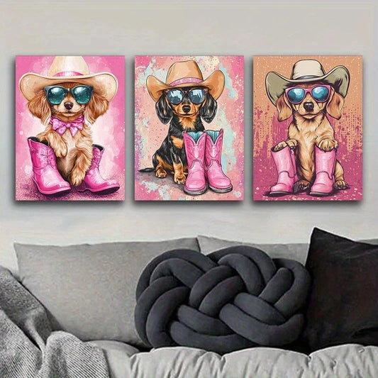 3pcs Cute Puppy Wearing Sun Glasses & Hat Metal Print Ready to Hang Art