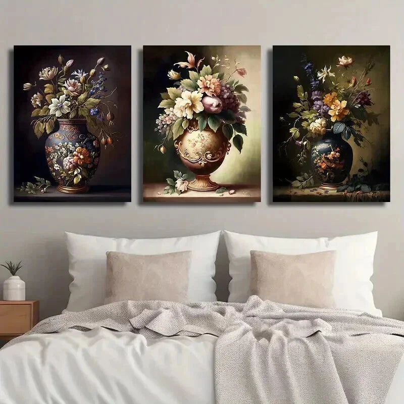 3pcs Artistic Painting of Flowers in Vase Wall Art Set Canvas Framed 40x60cm - High Quality Print 100% Australian Made Wall Canvas Ready to Hang