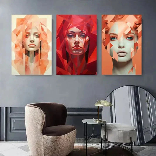 3pcs Abstract Geometric Female Portrait Metal Print Ready to Hang Art'