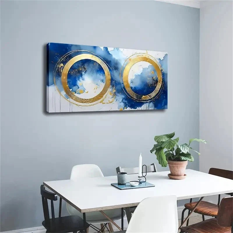 Abstract Golden Circles on Blue Wall Art Canvas Office Home Room Framed 80x45cm
