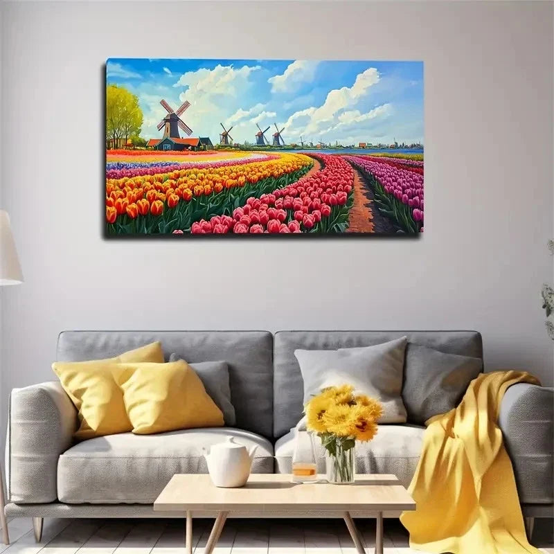 Area Planted Tulips Dutch Wall Art Canvas Office Home Room Framed 80x45cm
