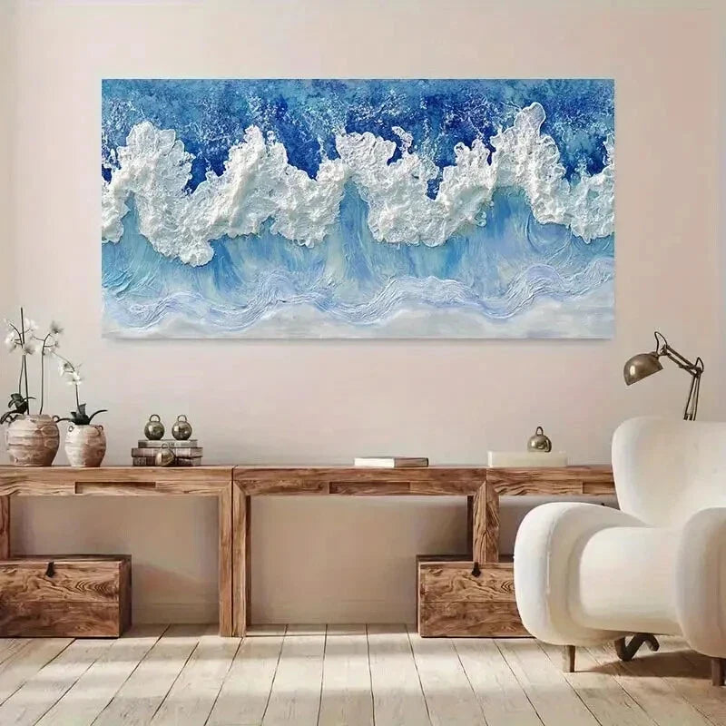 Blue & White Ocean Waves wall canvas office home room framed 120x60cm