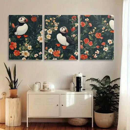 3pcs Vibrant Puffins & Blooming Flowers Metal Print Ready to Hang Art