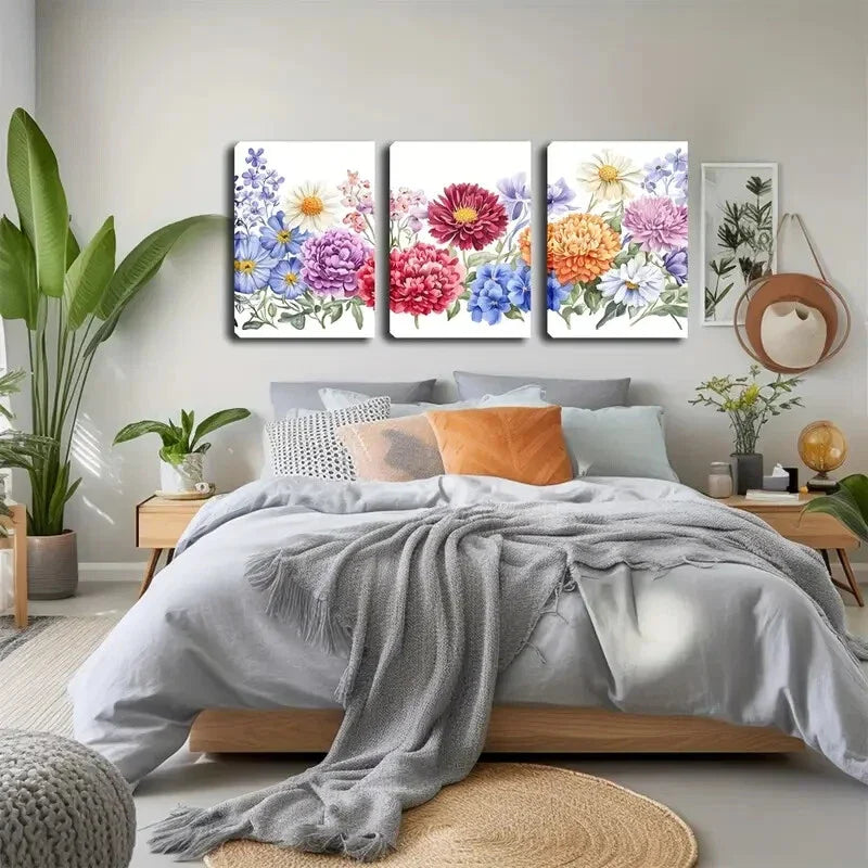 3pcs Colored Chrysanthemums White Perfect Wall Art Set Canvas Framed 40x60cm - High Quality Print 100% Australian Made Wall Canvas Ready to Hang