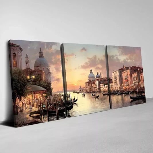 3pcs Charming Water City with Sunset View Wall Art Set Canvas  Framed 40x60cm - High Quality Print 100% Australian Made Wall Canvas Ready to Hang