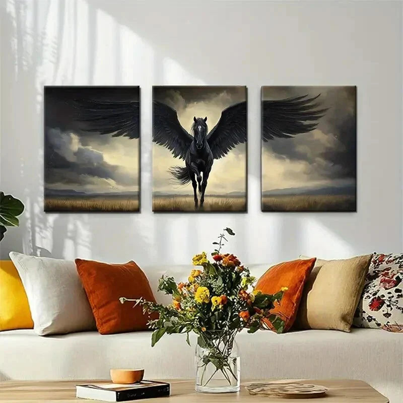 3pcs Majestic Black Pegasus in Flight Perfect Wall Art Set Canvas Framed 40x60cm - High Quality Print 100% Australian Made Wall Canvas Ready to Hang