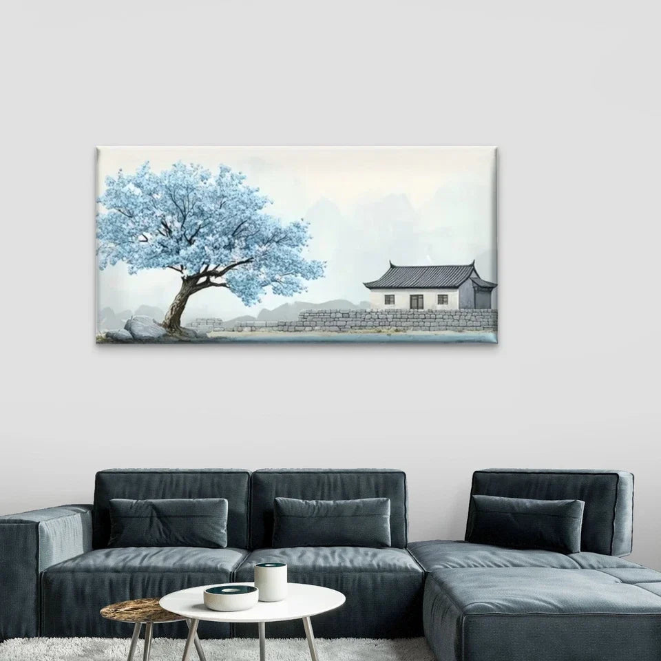 Trees And Houses Lake Wall Art Canvas Office Home Room Framed 80x45cm