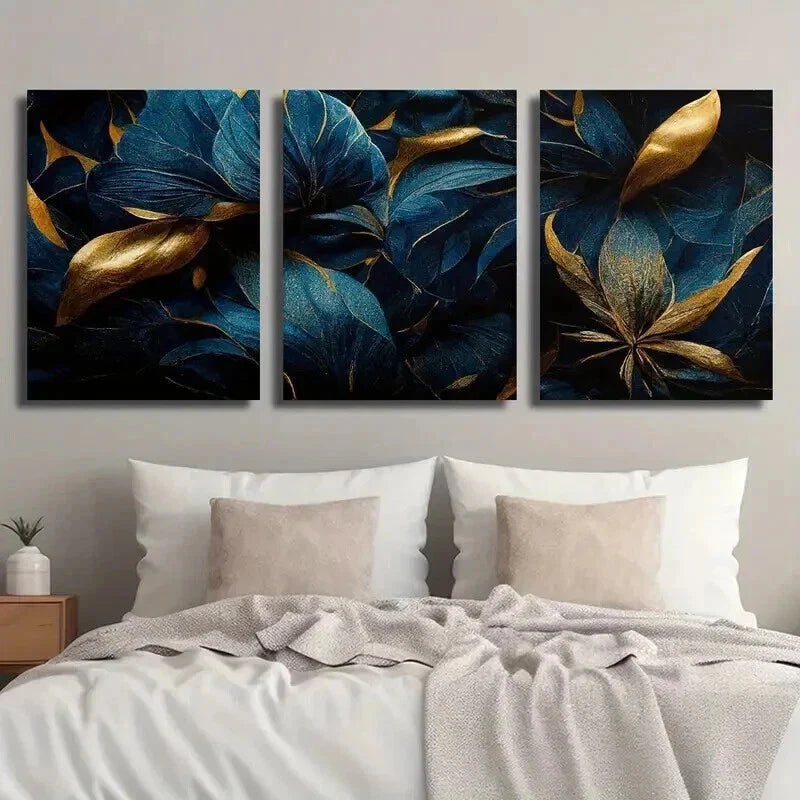 3pcs Abstract Golden And Blue Tropical Leaves Wall Art Set Canvas Framed 40x60cm - High Quality Print 100% Australian Made Wall Canvas Ready to Hang