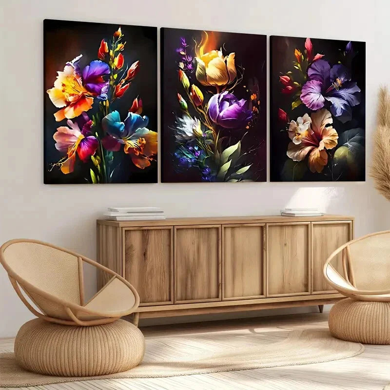 3pcs Colorful Floral Art Elegant Artistic Wall Art Set Canvas Framed 40x60cm - High Quality Print 100% Australian Made Wall Canvas Ready to Hang