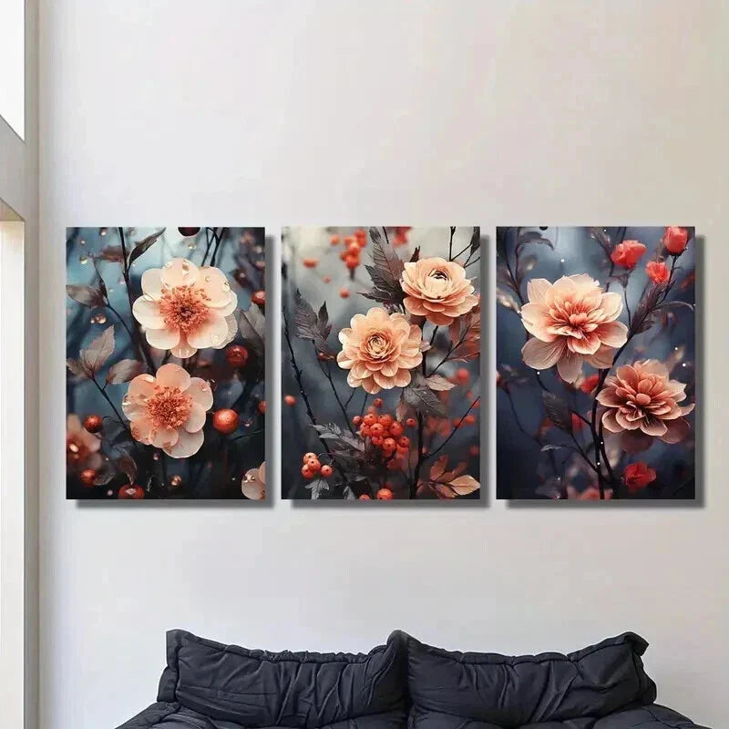 3pcs Pink Botanical Flowers and Berries Wall Art Set Canvas Framed 40x60cm - High Quality Print 100% Australian Made Wall Canvas Ready to Hang
