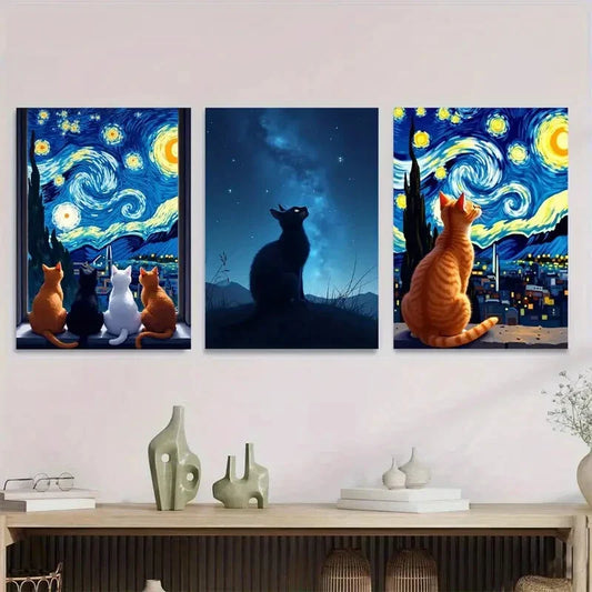 3pcs Starry Night Cat Modern Metal Print Ready to Hang Art