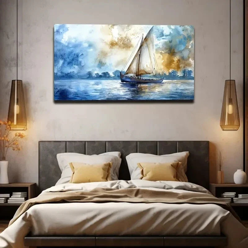 Sailboat Sailing Scene Modern Wall Art Canvas Office Home Room Framed 120x60cm