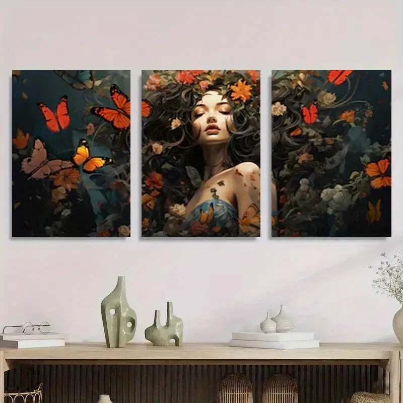 3pcs Vibrant Butterfly & Floral Women in Floral Metal Print Ready to Hang Art