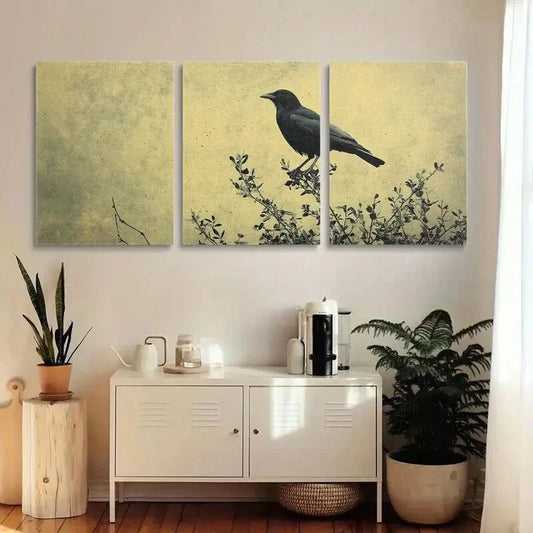 3pcs Contemporary Crow & Olive Tree Metal Print Ready to Hang Art
