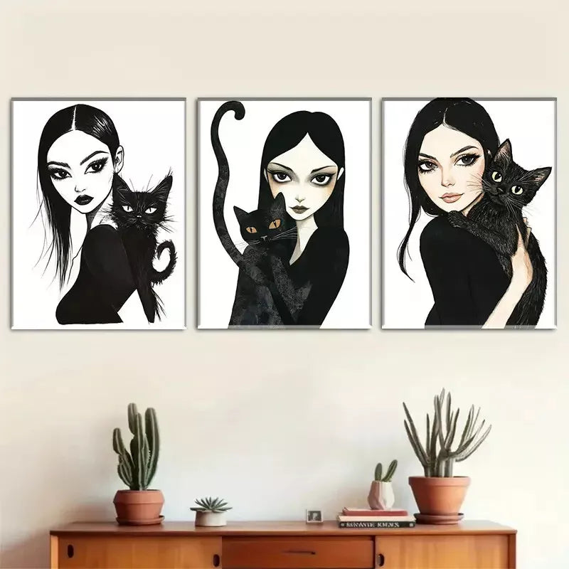 3pcs  Gothic Style Girl and Black Cat Triptych Wall Art Set Canvas Framed 40x60cm - High Quality Print 100% Australian Made Wall Canvas Ready to Hang