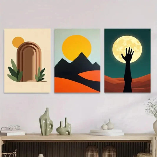 3pcs Modern Abstract Sunset, Mountains & Moon Metal Print Ready to Hang Art