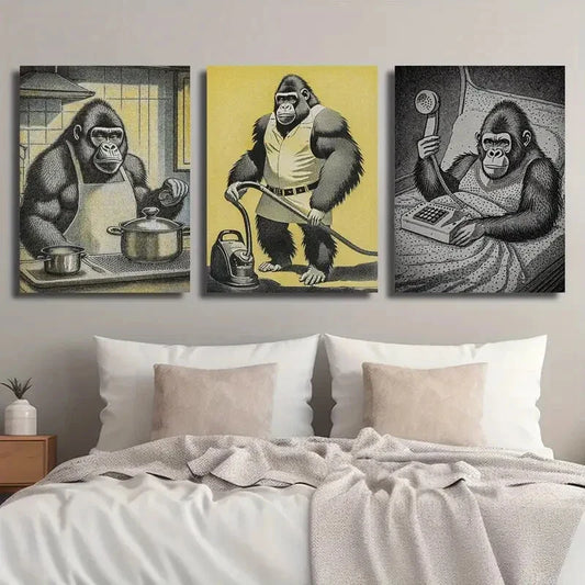 3pcs Vintage Gorilla Housework Scenes Retro Comic Metal Print Ready to Hang Art